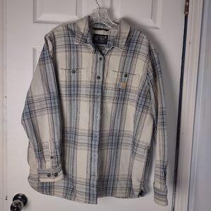 Carhartt Loose Fit Heavyweight Flannel Shirt Mens L Blue Plaid Flap Pockets